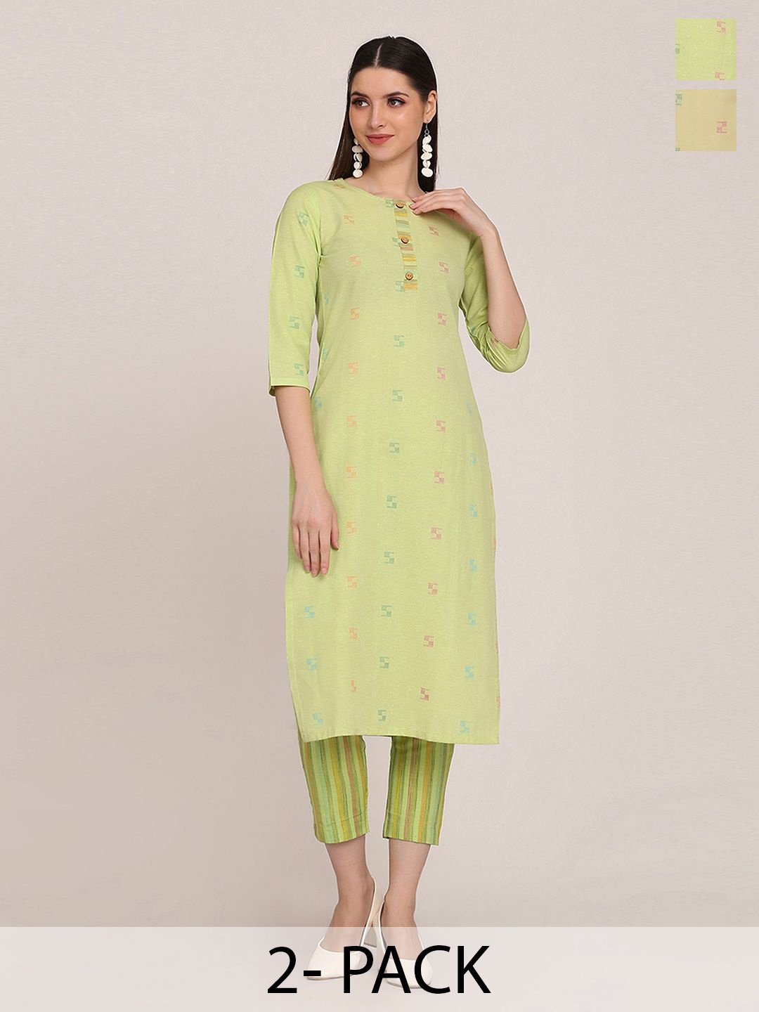 

KALINI Selection Of 2 Geometric Woven Design Round Neck straight Kurtas With Trousers, Green