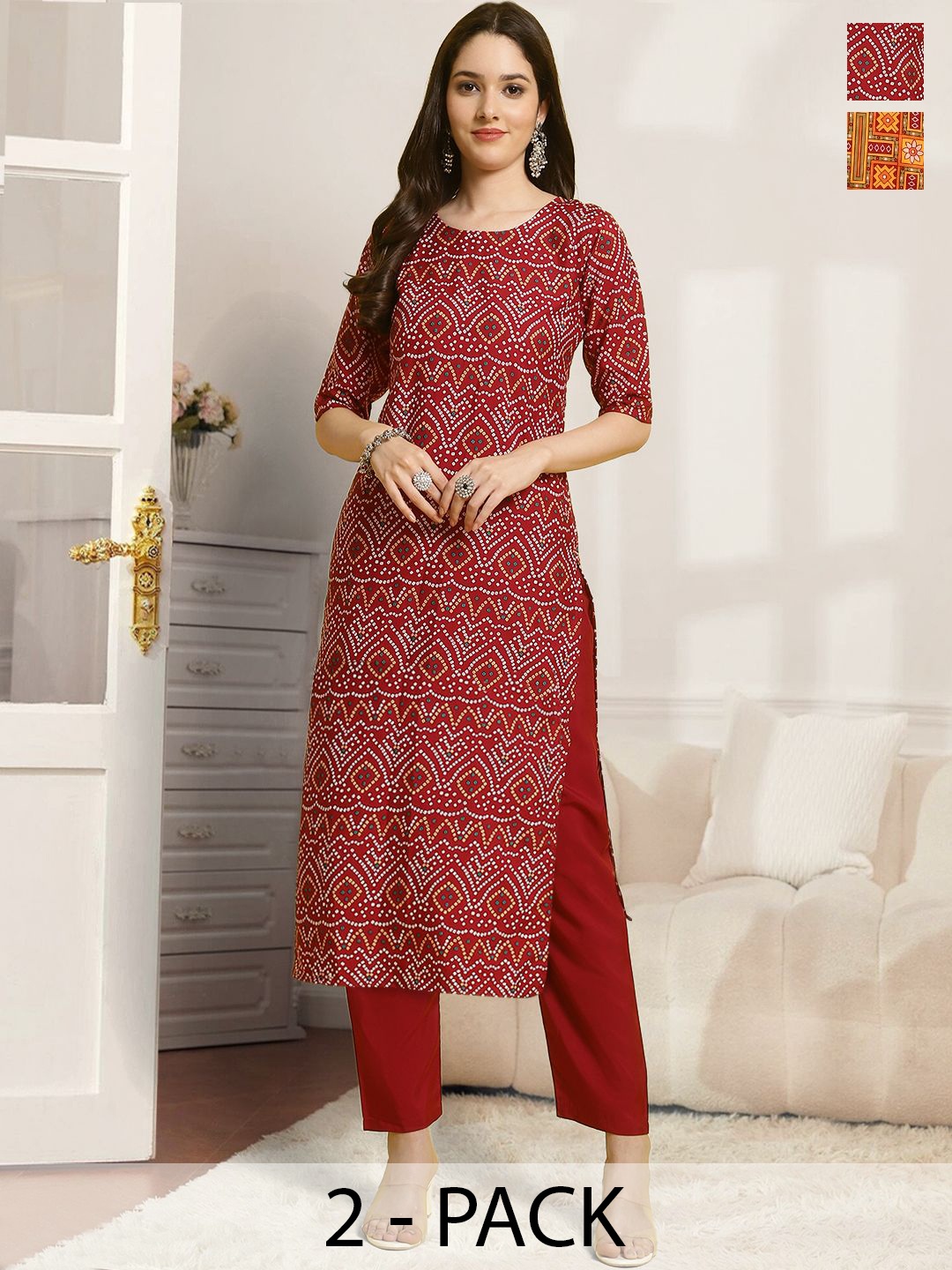 

7Threads Selection Of 2 Ethnic Motifs Printed Round Neck Straight Kurtas With Trousers, Maroon