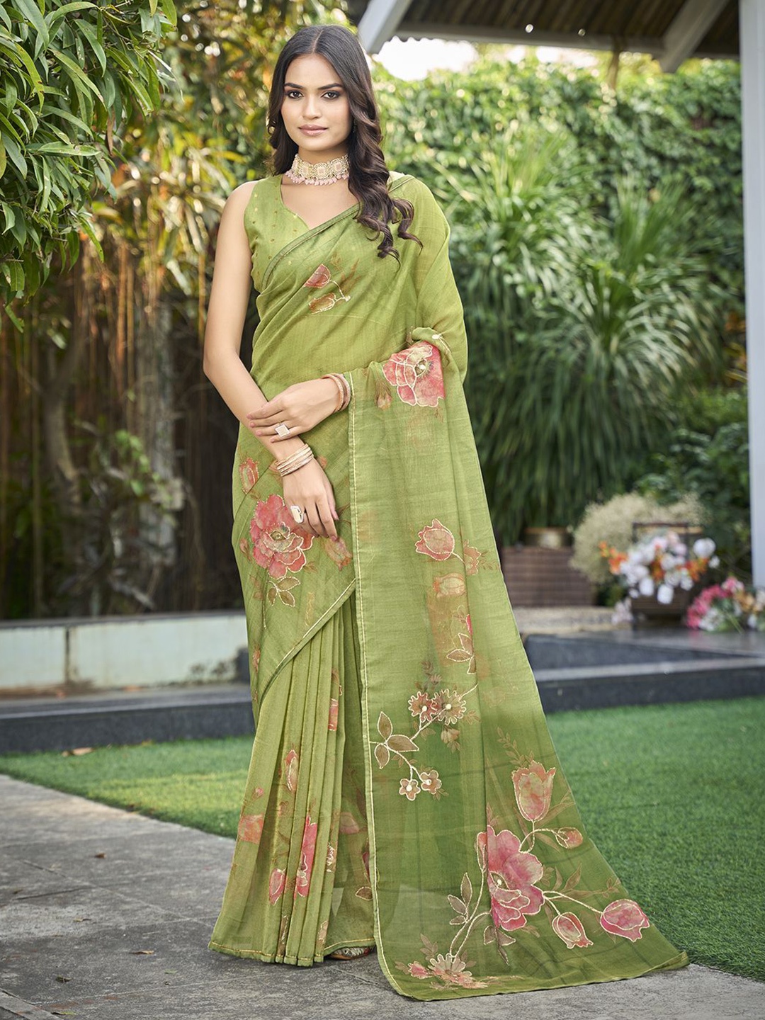 

Mitera Floral Aari Work Tissue Kanjeevaram Saree, Olive