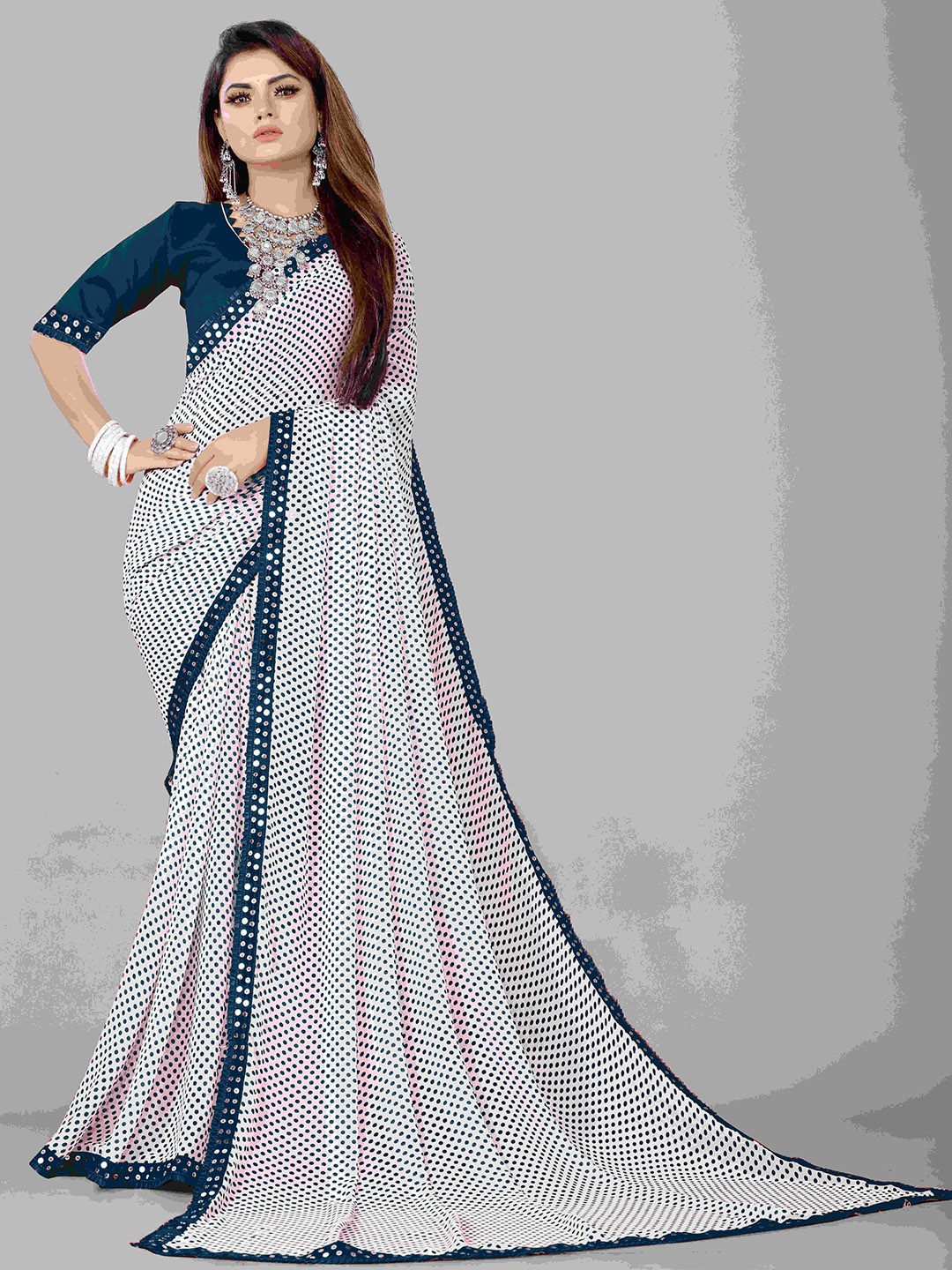 

Flip The Style Embroidered Polka Dot Pure Georgette Saree, Blue