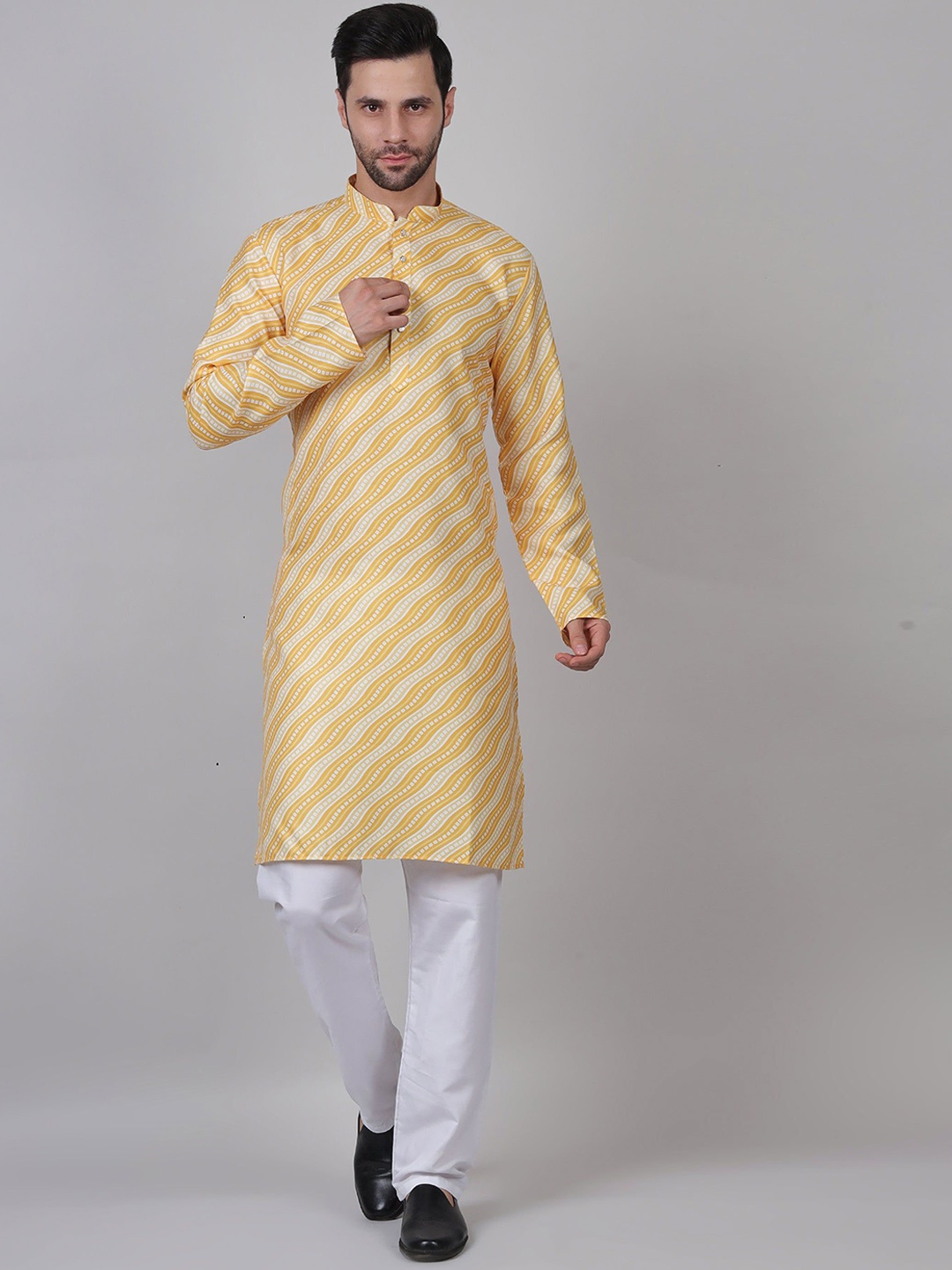 

John Philips Geometric Printed Band Collar Straight Kurta, Yellow