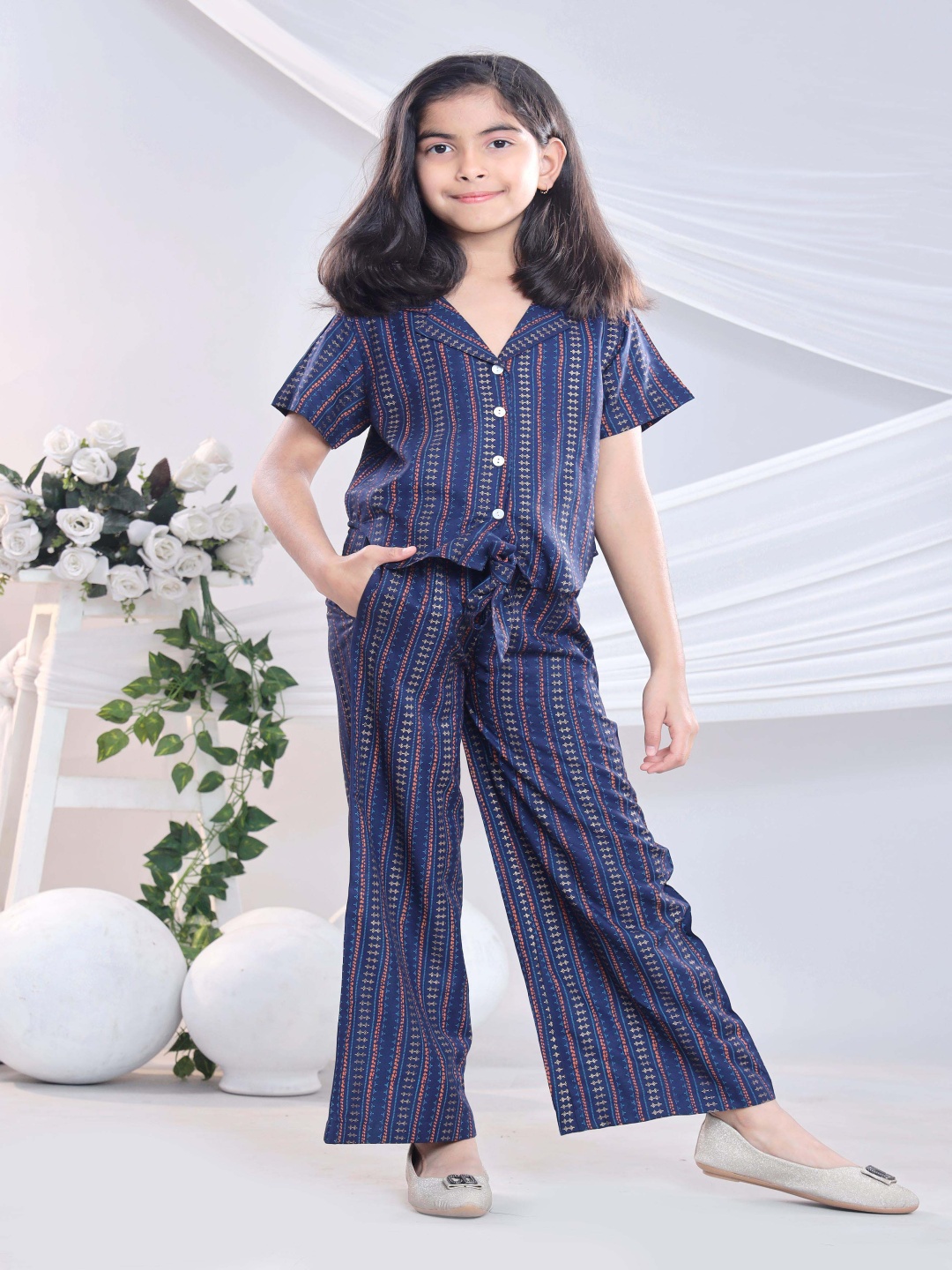 

BAESD Girls Striped Shirt Collar Shirt With Trouser, Blue