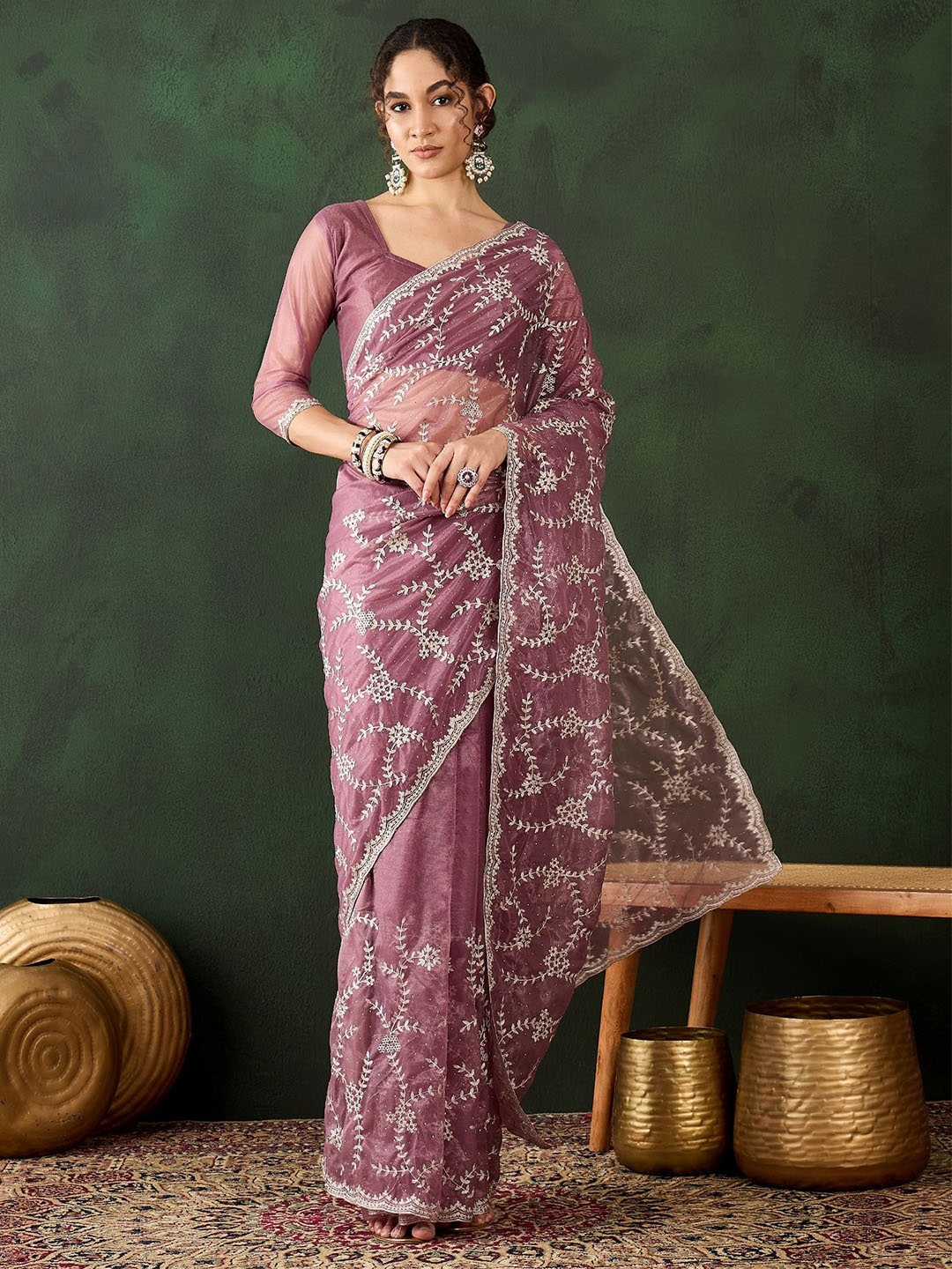 

MANVAA Floral Embroidered Silk Cotton Fusion Saree, Pink