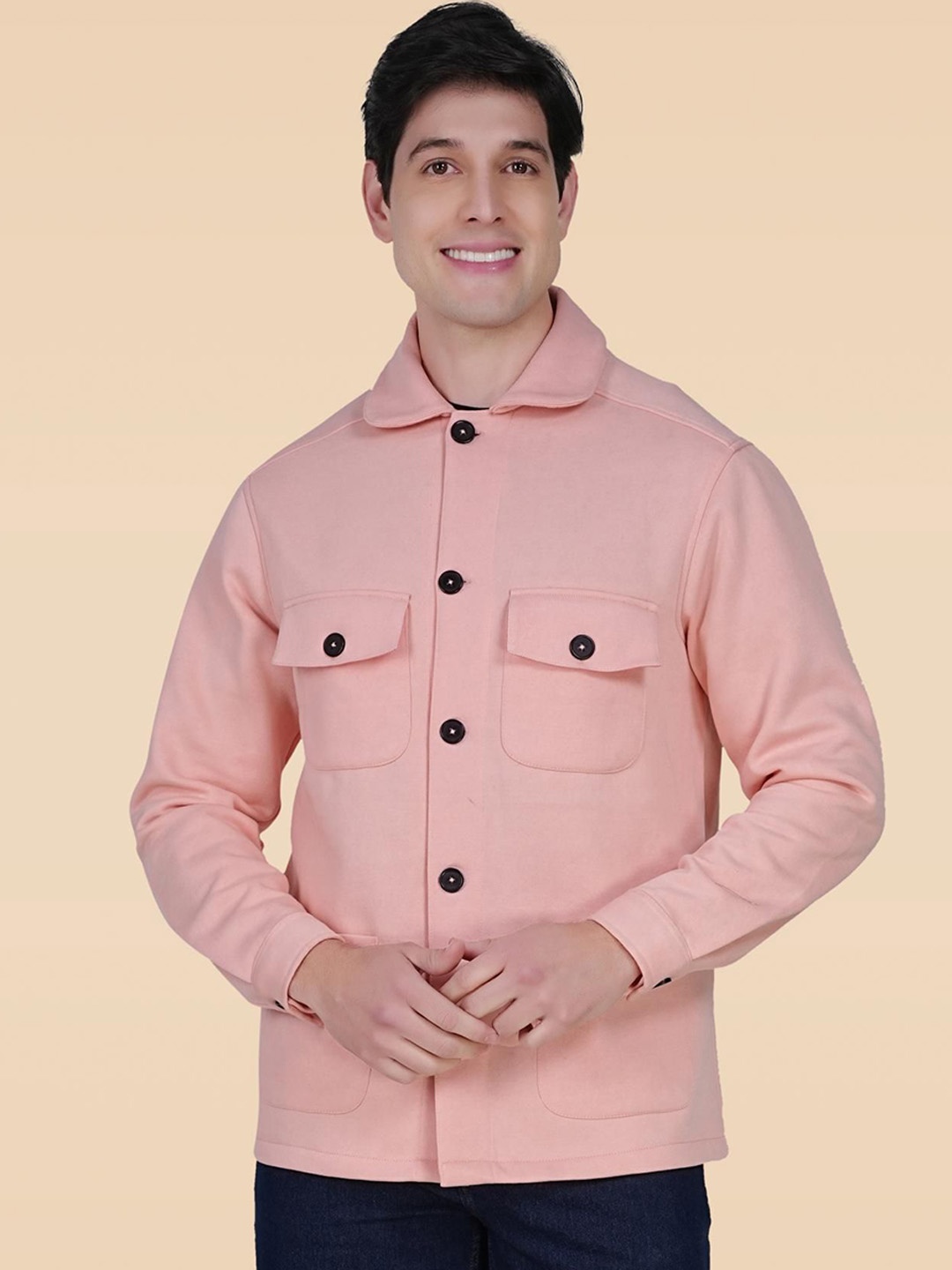 

RANJ Men Fleece Lightweight Open Front Jacket, Peach