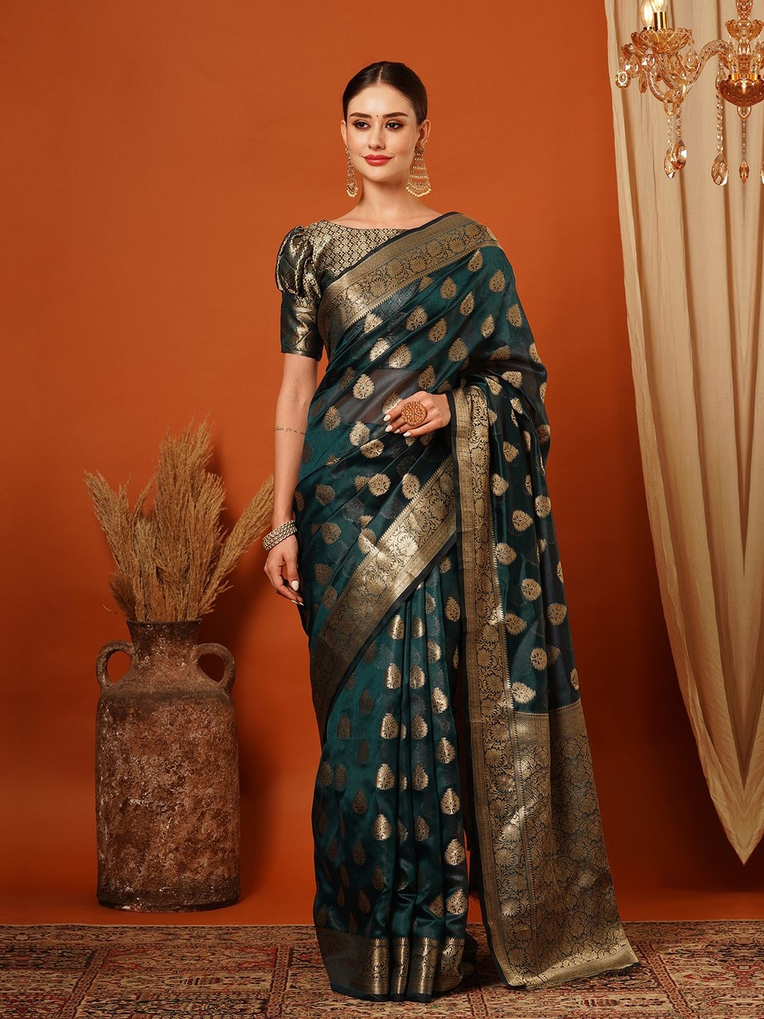 

VILLAGIUS Woven Design Zari Pure Silk Banarasi Saree, Teal