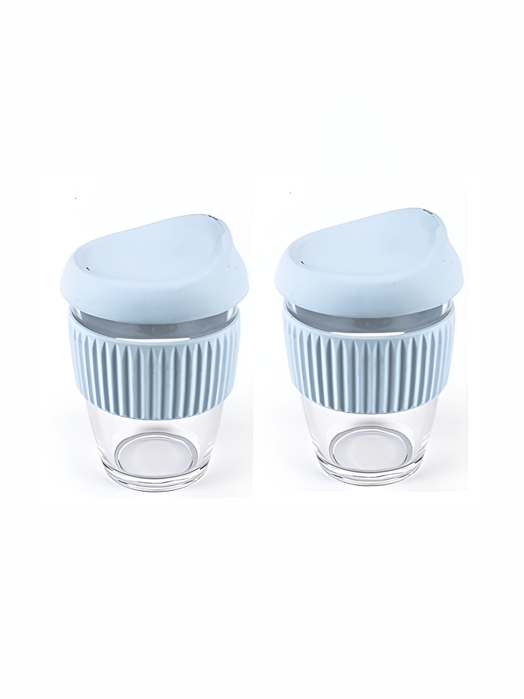 

We3 Blue & Transparent 2 Pieces Glass Cups with Lids and Non-Slip Sleeve-300 ml Each