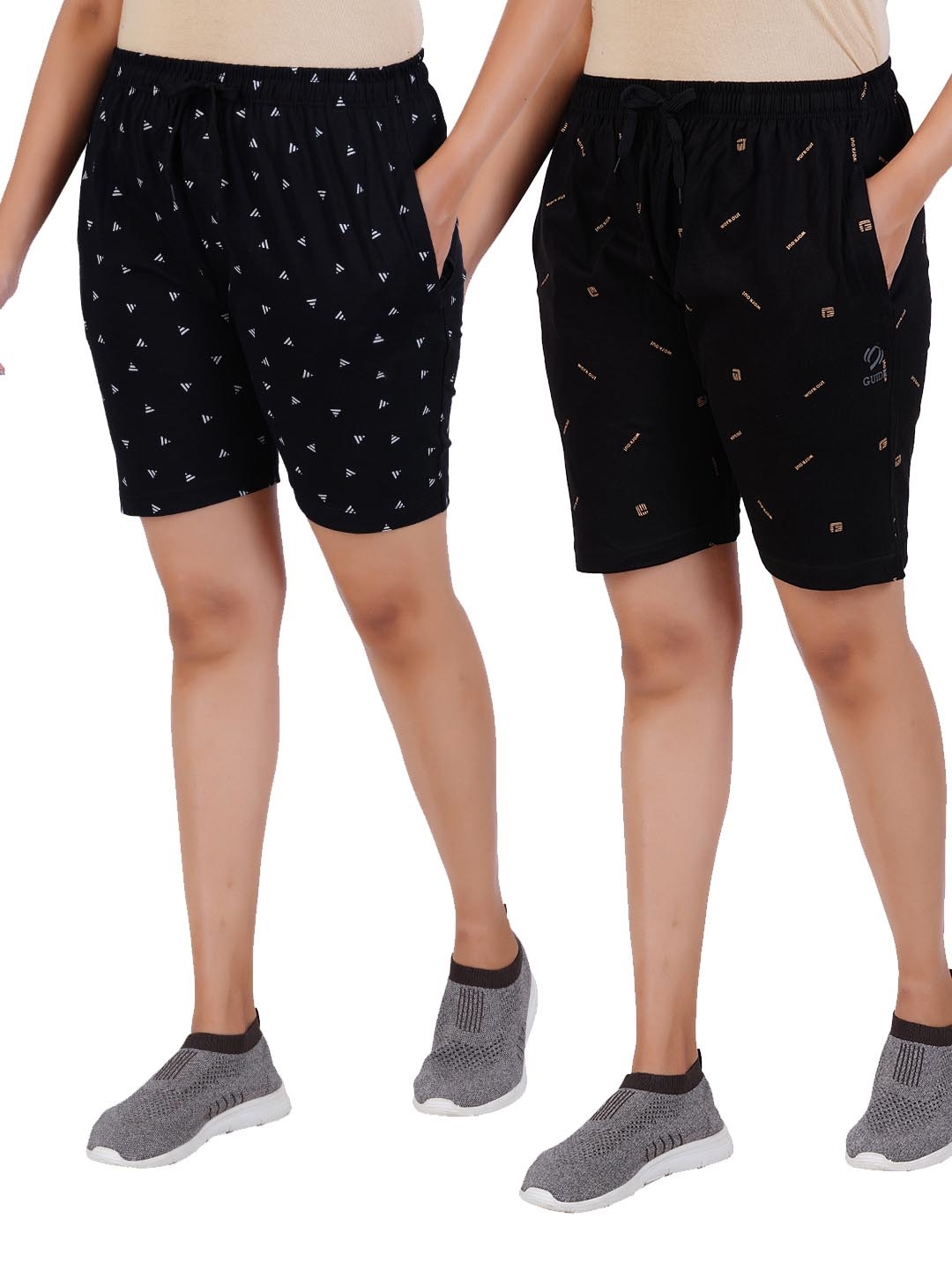 

GUIDE Women Pack Of 2 Printed Regular Fit Mid-Rise Cotton Shorts, Black