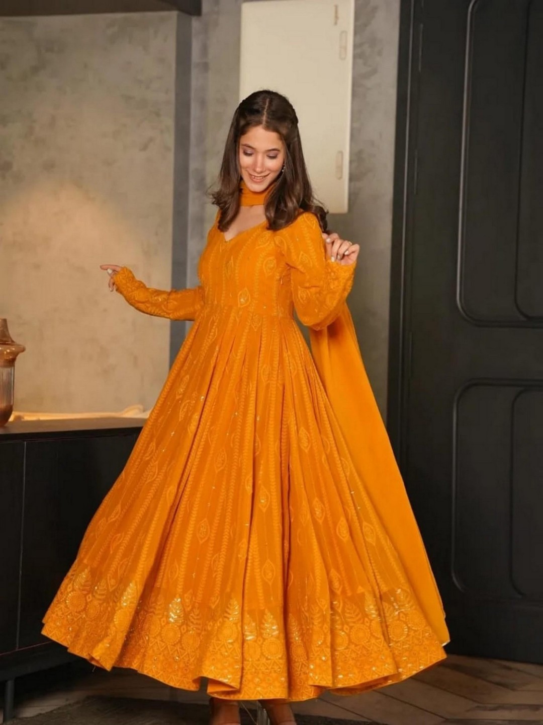 

mimi design Floral Embroidered Silk Blend Anarkali Kurta With Trousers & Dupatta, Yellow