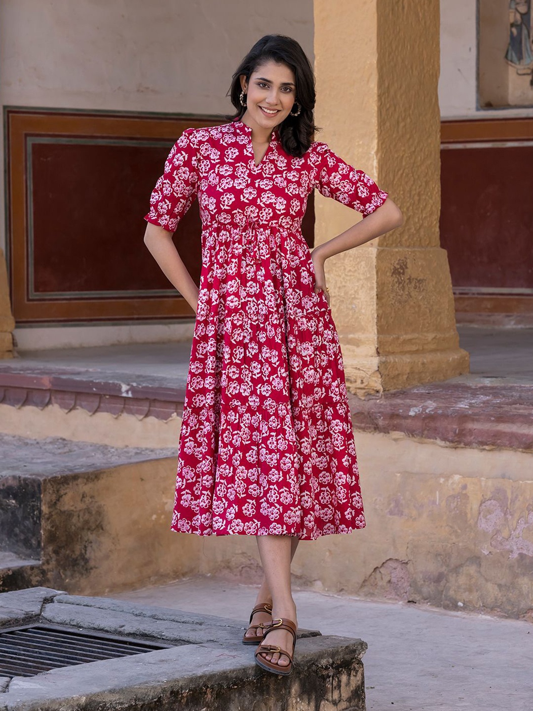 

BAESD Floral Printed Puff Sleeve Maxi Dress, Red