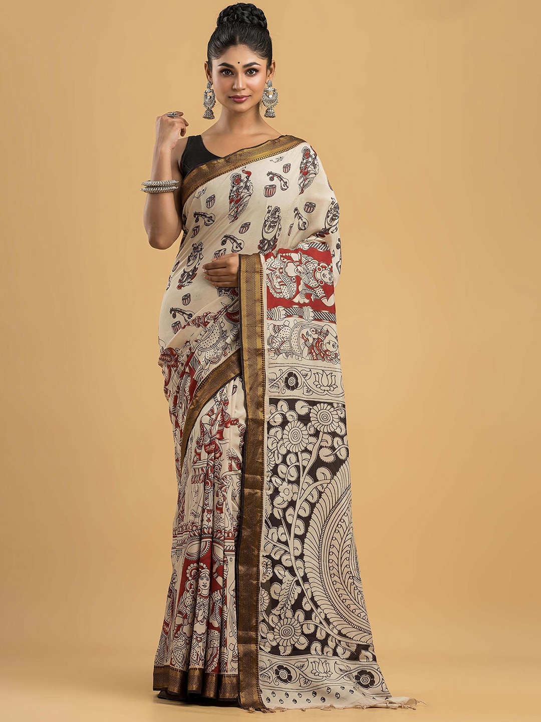 

Dheu Woven Design Kalamkari Printed Zari Saree, Beige