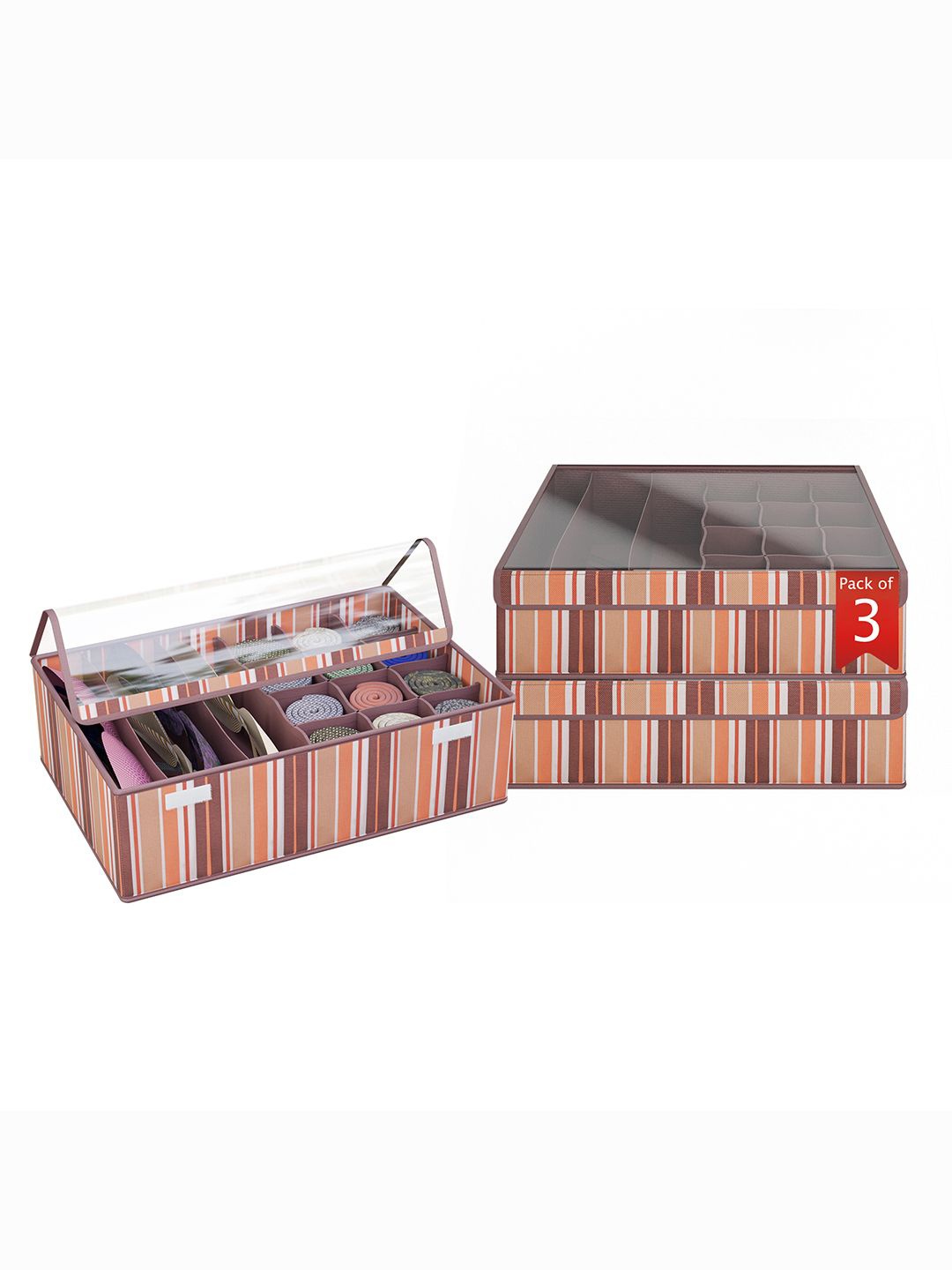 

Kuber Industries Brown 3 Pcs Printed Reusable Drawer Organisers With Transparent Lid