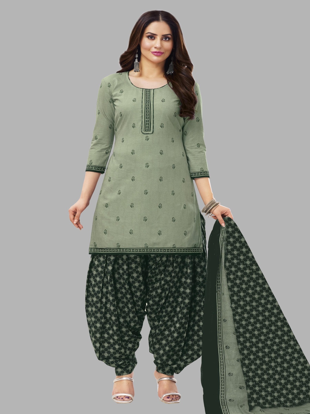 

Simmu Floral Printed Pure Cotton Unstitched Dress Material, Sea green