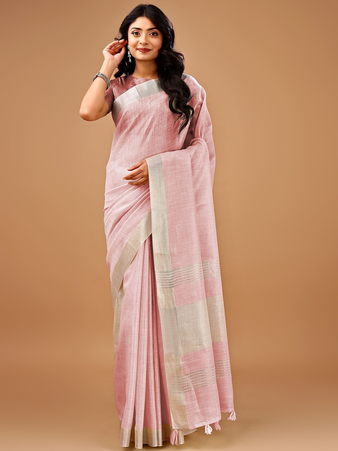 

PURI MAA Zari Linen Blend Kota Saree, Pink