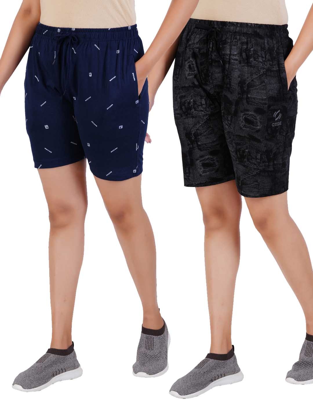 

GUIDE Women Pack of 2 Printed Regular Fit Shorts, Black