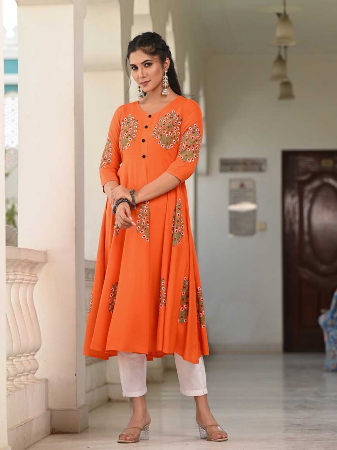 

Moda Rapido Floral Printed V Neck Anarkali Kurta, Orange