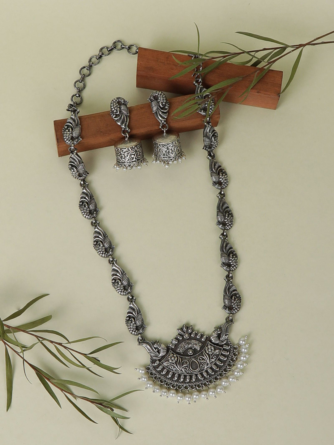 

Saagah Beaded Studded Peacock Oxidized Jewellery Set, Silver