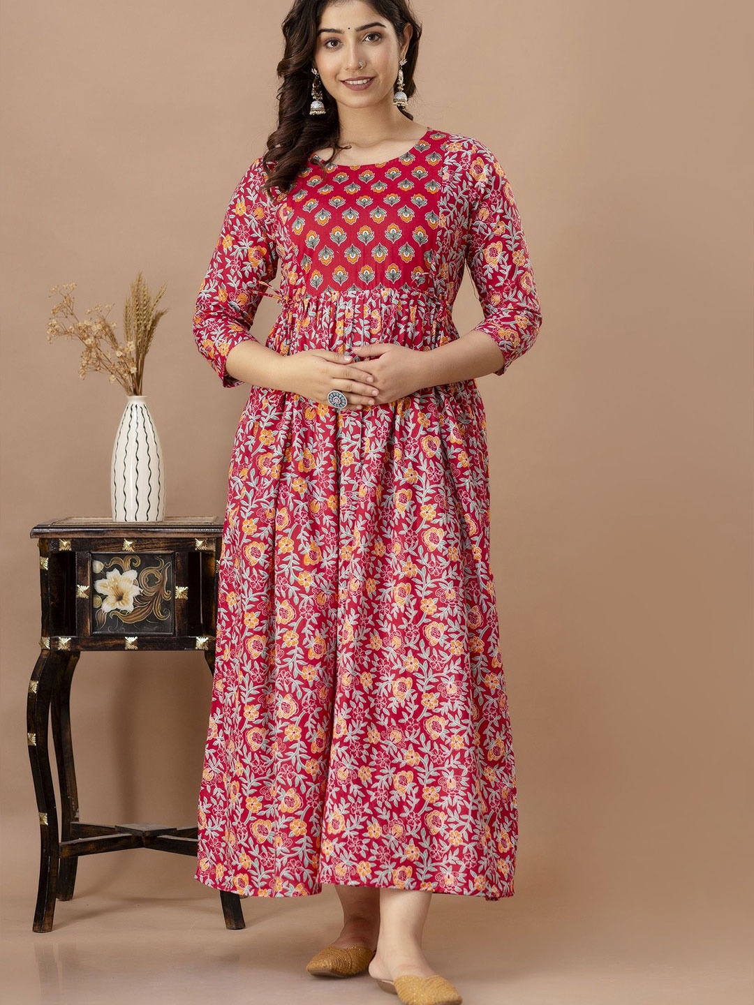 

Tulsiram Women Floral Printed Pure Cotton Maternity Ethnic Dresses, Red