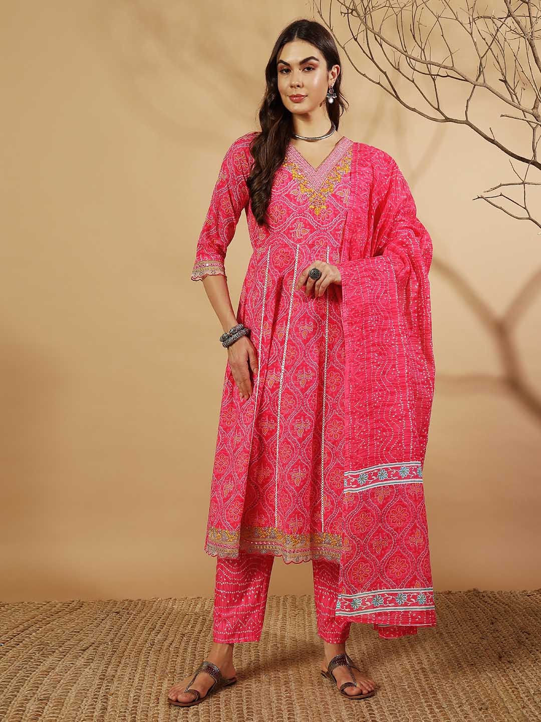 

V.S.Creation Women Floral Printed Regular Pure Cotton Kurta with Trousers & With Dupatta, Pink
