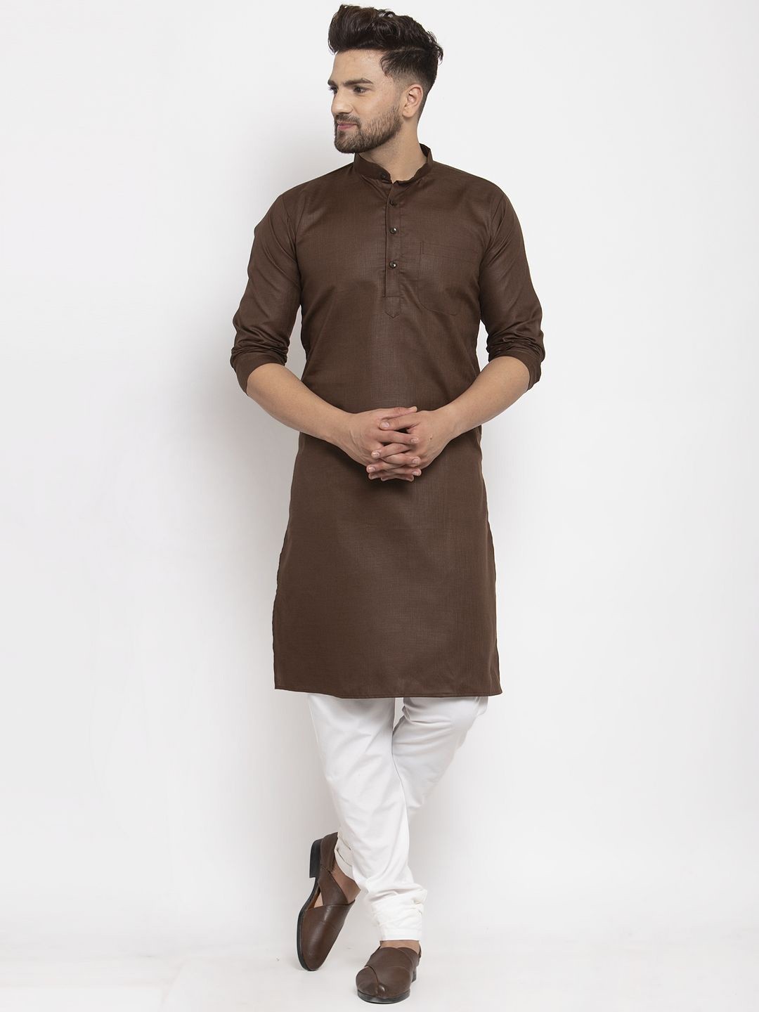 

Kaifoo Band Collar Long Sleeves Straight Kurta, Brown