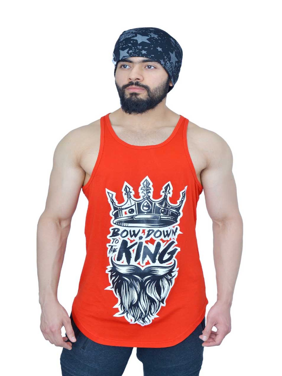 

Anax Aesthetics Men Cotton Lycra Printed Sleeveless Arc Sando Gym Vest Stringer Tank Top, Red