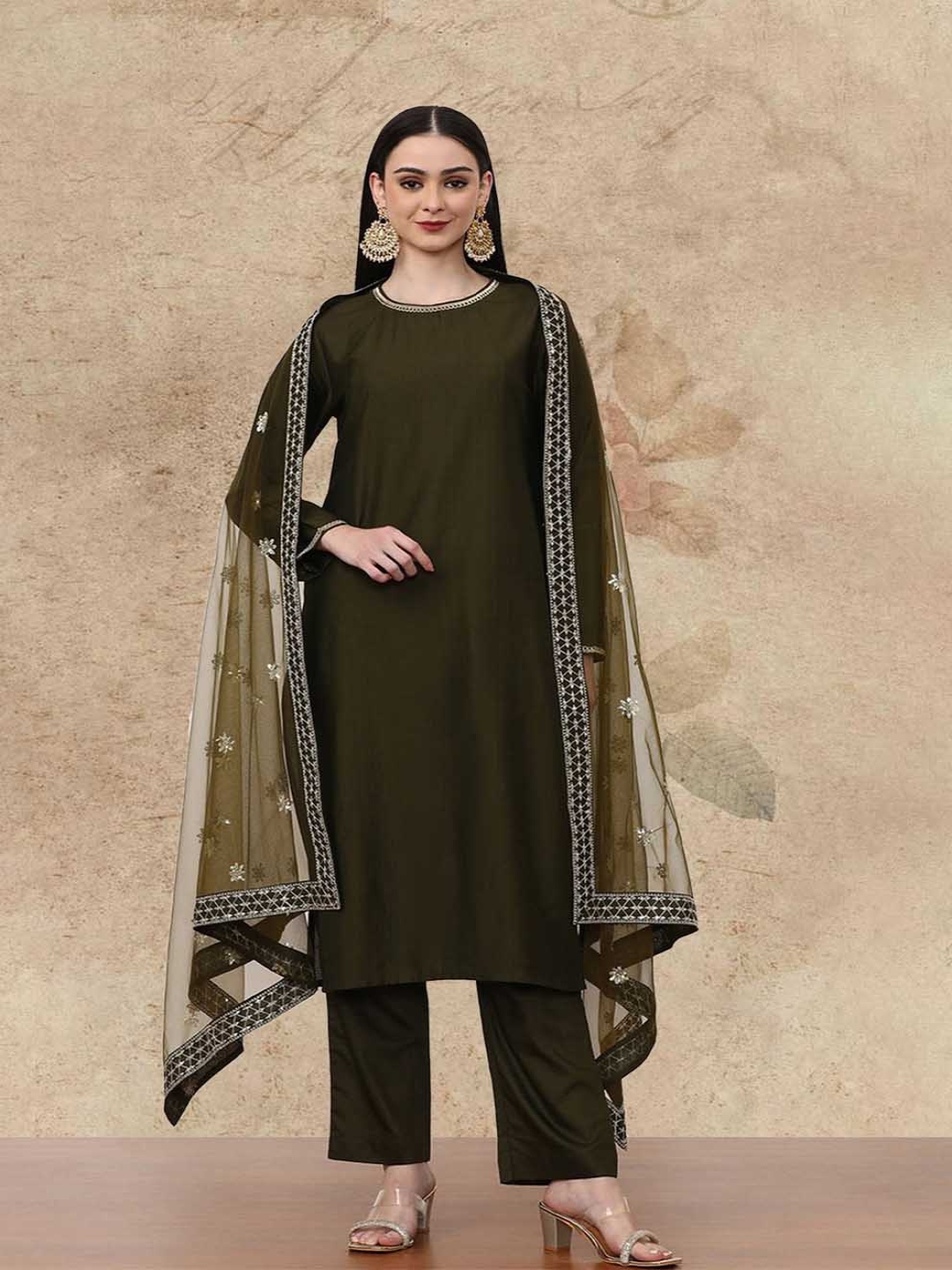 

AVANSHEE Women Ethnic Motifs Regular Kurta with Trousers & With Dupatta, Green