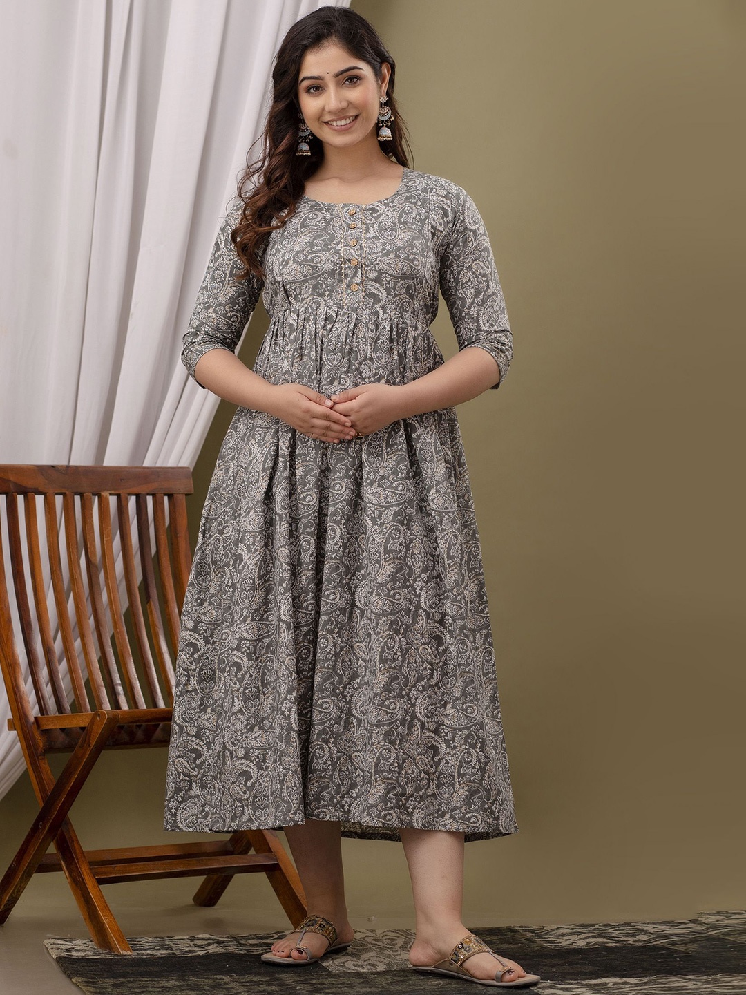 

mad fury Women Ethnic Printed Maternity Cotton Fit and Flare Midi Dress, Grey