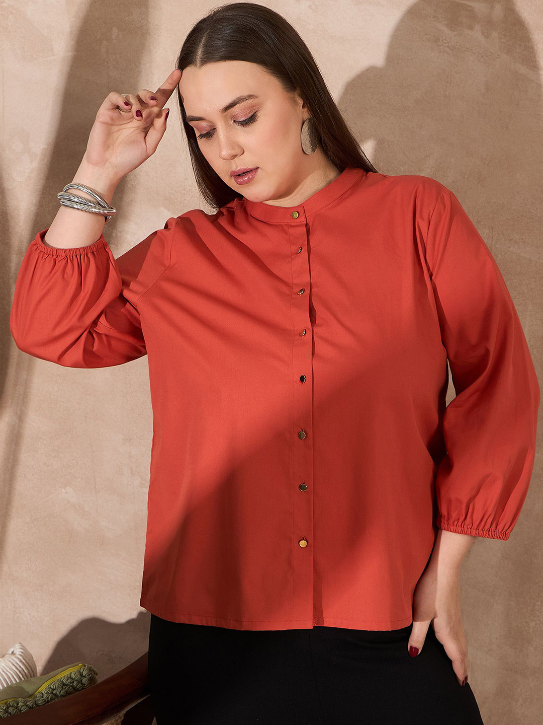 

all about you Women Plus Size Band Collar Solid Cotton Casual Shirt, Red
