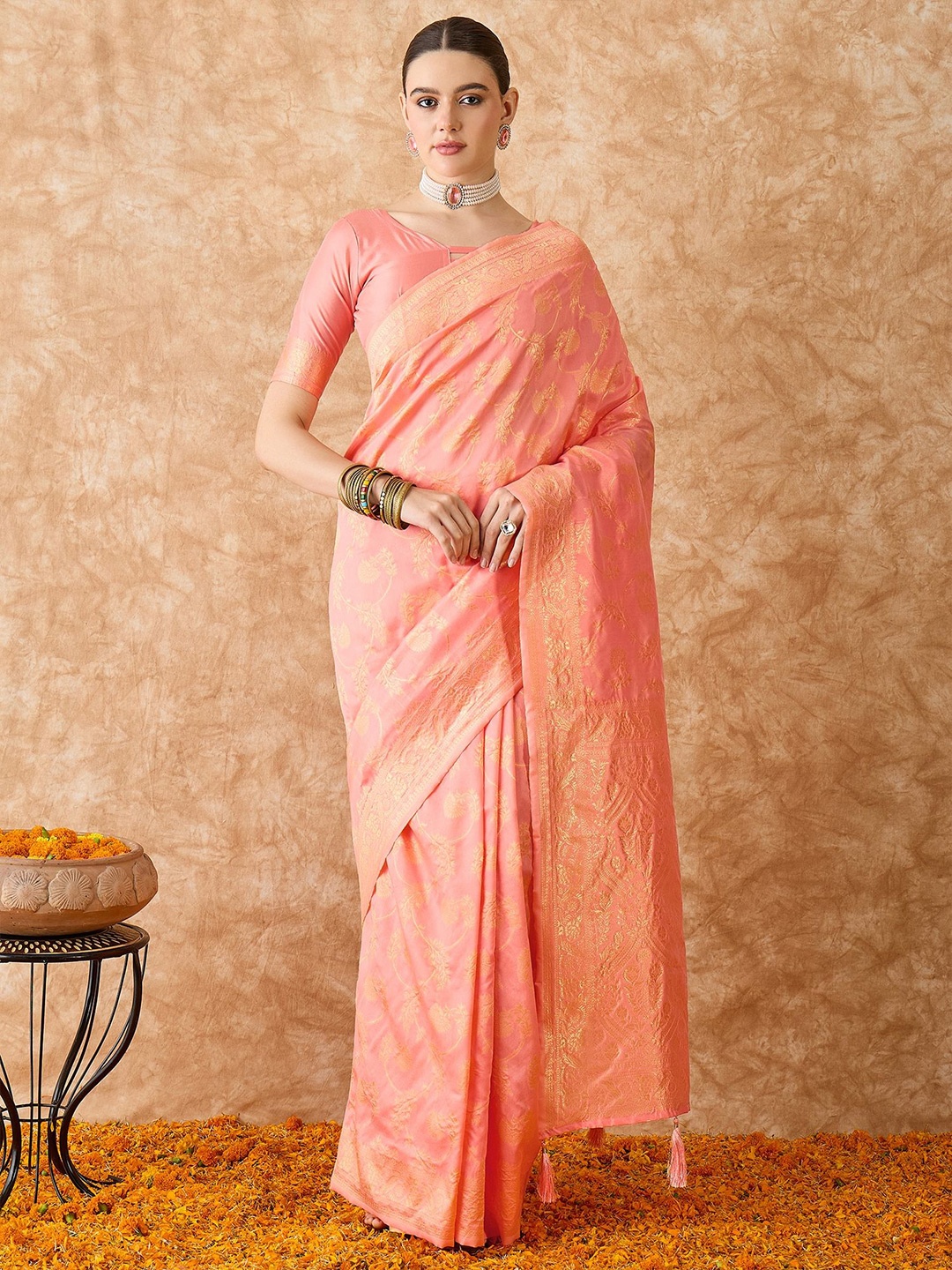 

MANVAA Embellished Zari Silk Blend Fusion Banarasi Saree, Peach