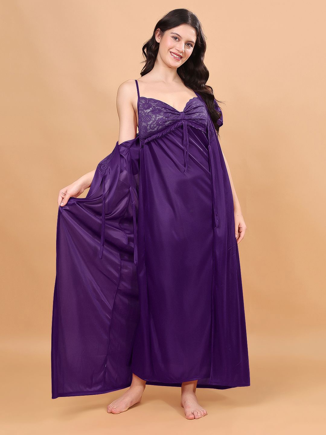 

NIGHT KEYS Women V-Neck Maxi Nightdress, Purple