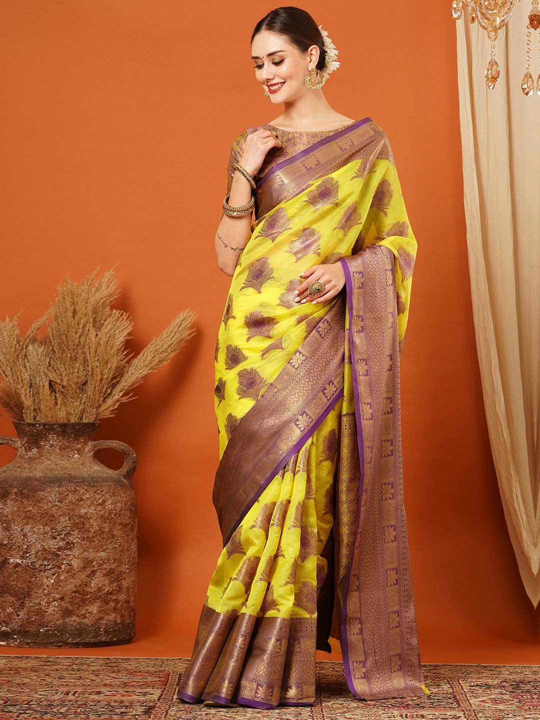 

VILLAGIUS Woven Design Zari Pure Silk Banarasi Saree, Yellow