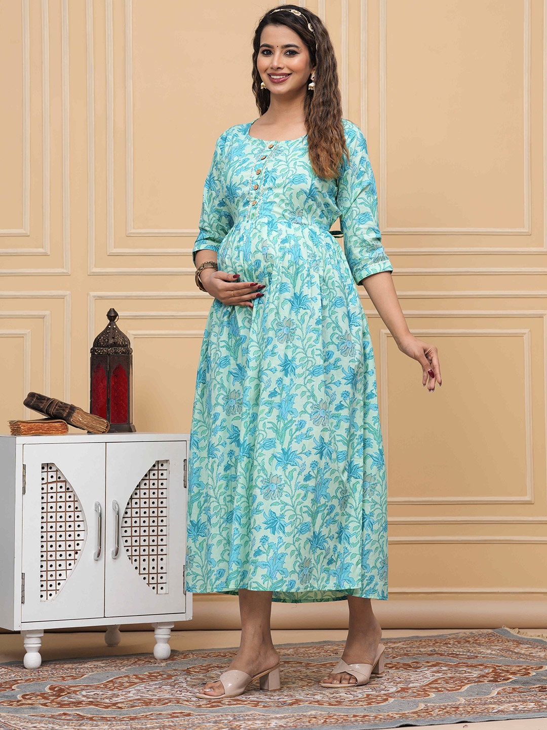 

FEMARY Floral Print Maternity Maxi Dress, Turquoise blue