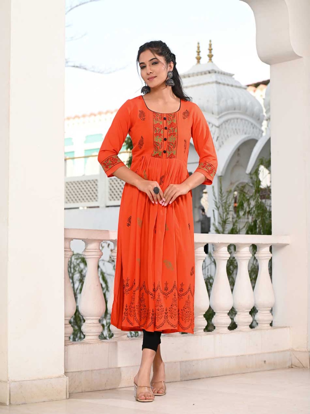 

Moda Rapido Ethnic Motifs Printed Block Printed A-line Kurta, Orange