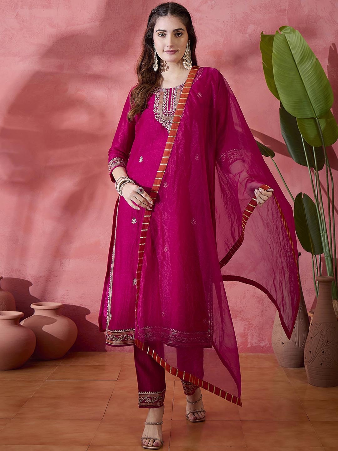 

Sangria Pink Floral Embroidered Round Neck Straight Kurta With Trousers And Dupatta