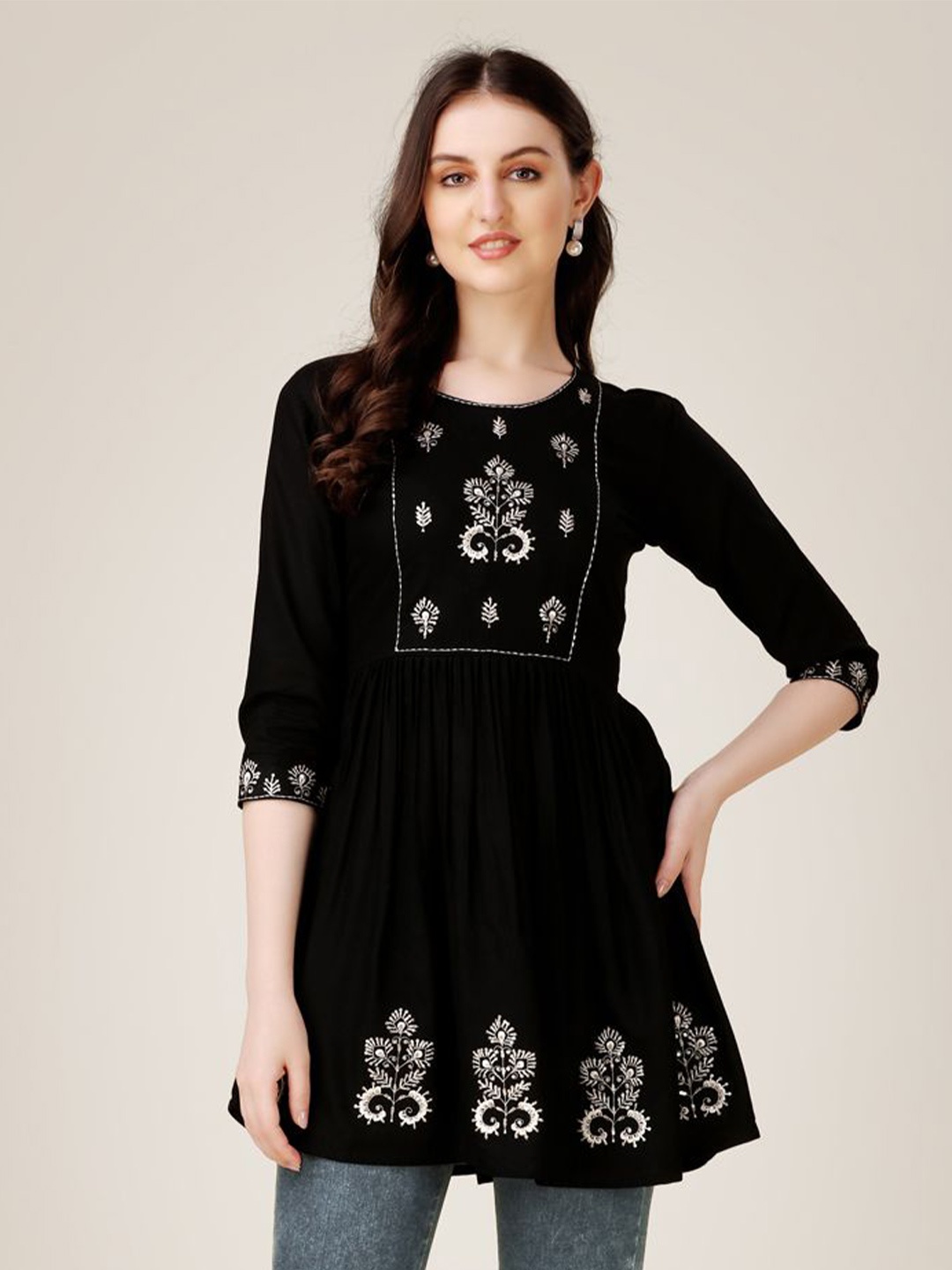 

BERISTON Women Ethnic Motifs Embroidered Empire Top, Black