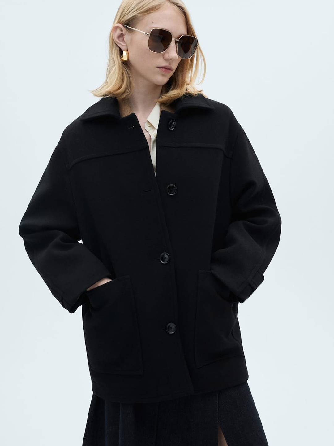 

MANGO Spread Collar Single-Breasted Regular Fit Overcoat, Black