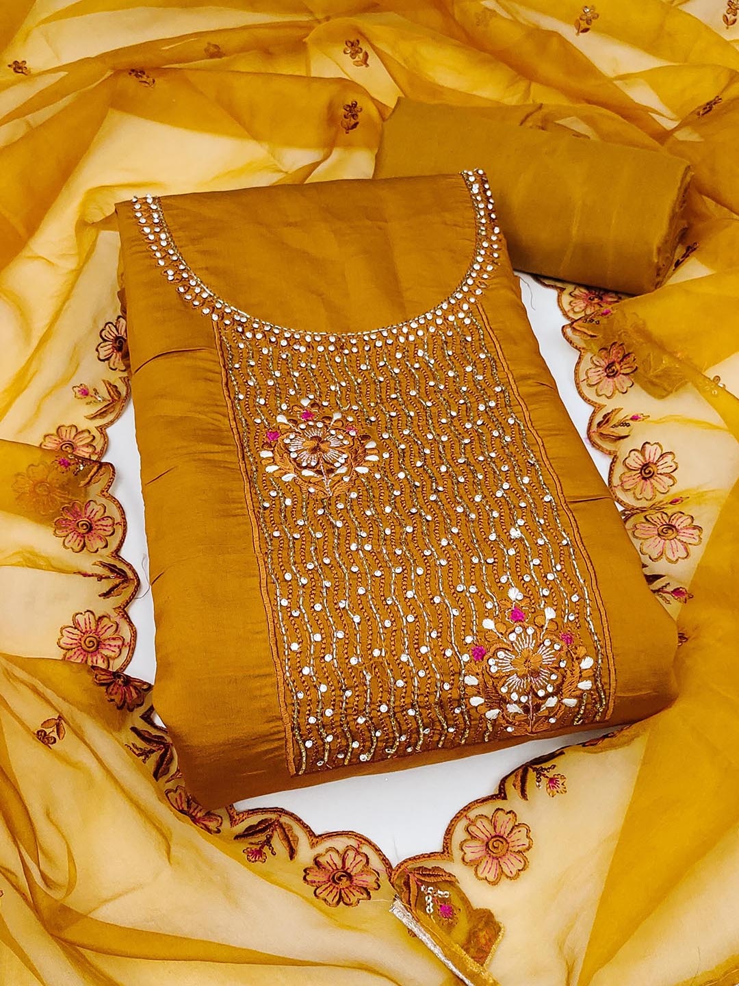 

Maroosh Embellished Unstitched Dress Material, Mustard