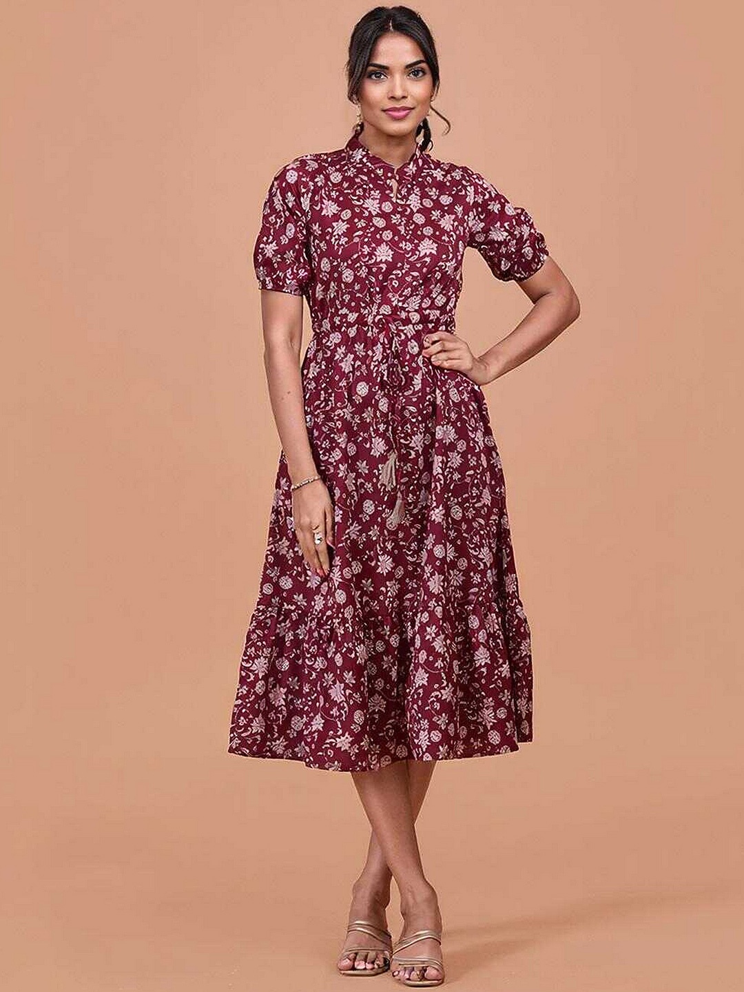 

DressBerry Women Ethnic Motifs Printed Fit & Flare Midi Dress, Maroon