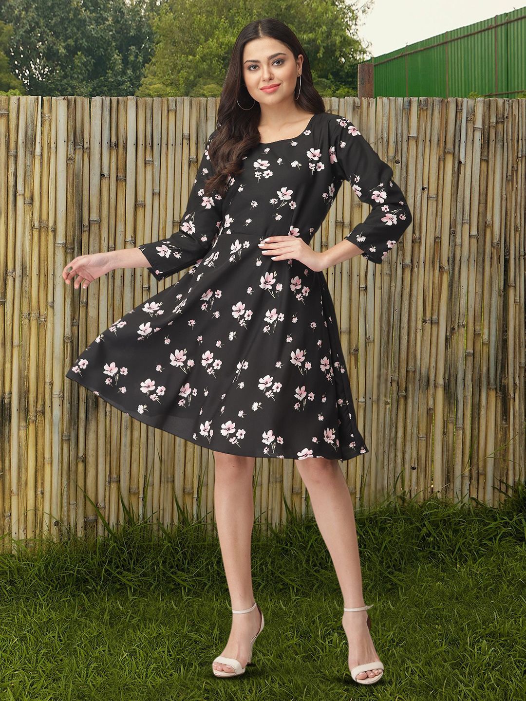 

MISS AYSE Women Floral Applique Fit & Flare Dress, Black