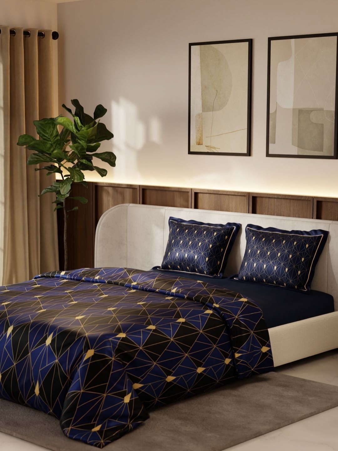 

Stoa Paris Lumiere Blue & Black 4 Pieces Geometric Printed Satin Double King Bedding Set