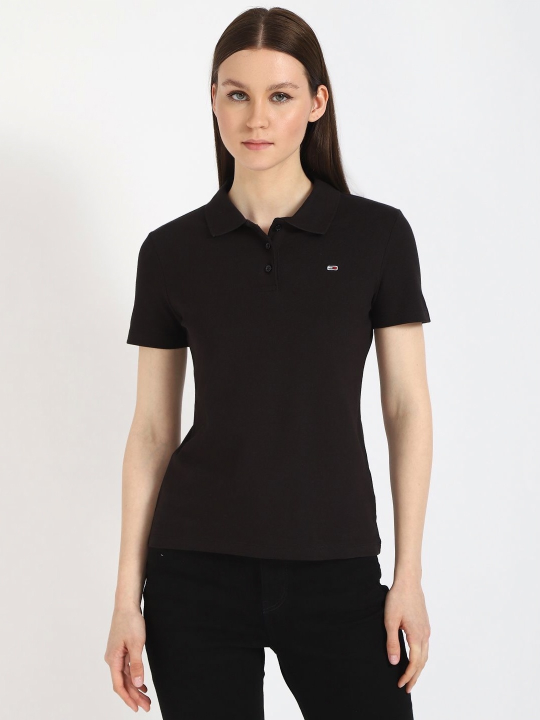 

Tommy Hilfiger Women Polo Collar Pockets Slim Fit T-shirt, Black