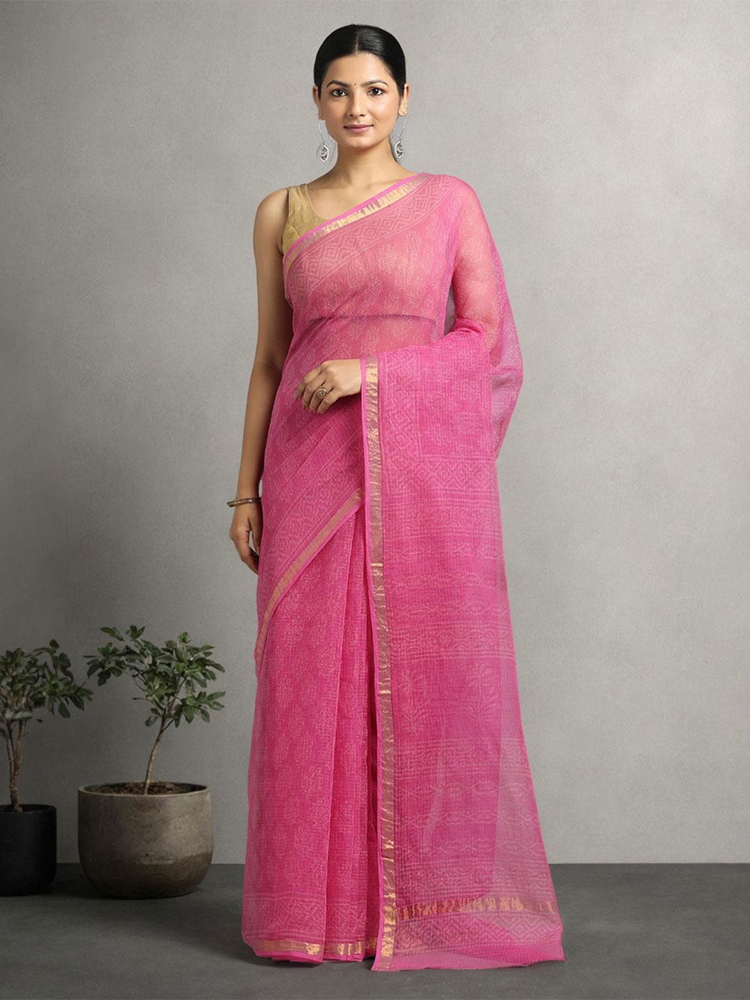 

Suha Bagh Printed Zari Pure Cotton Kota Saree, Pink