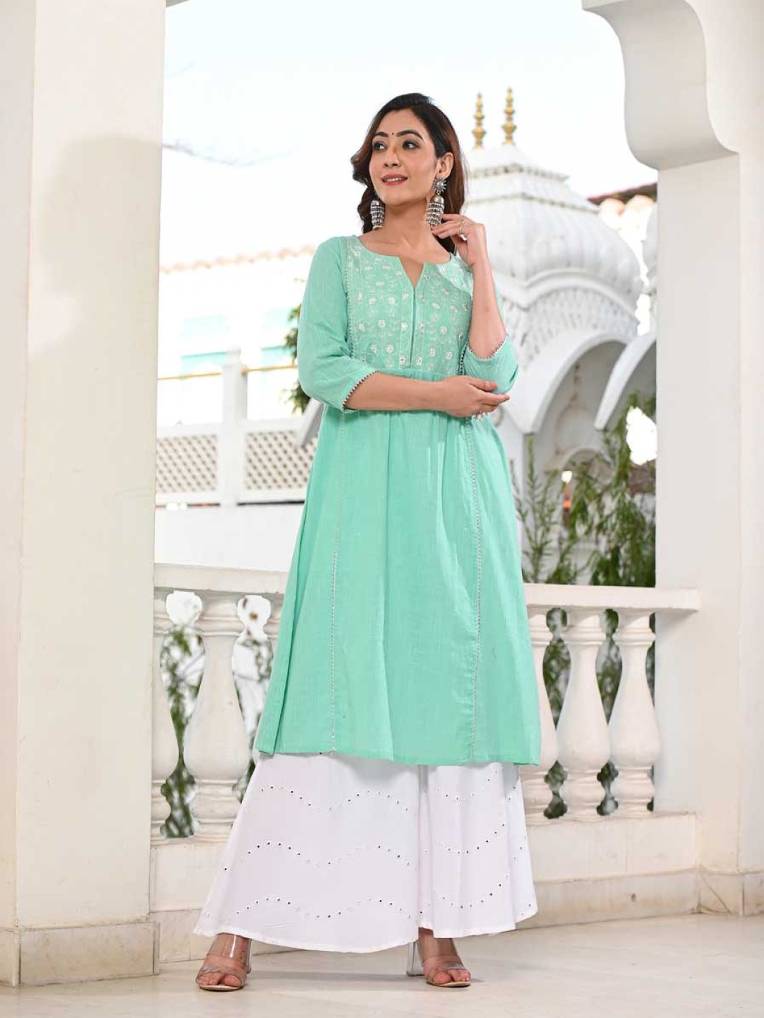 

Moda Rapido Floral Embroidered Thread Work Notch Neck A-Line Kurta, Sea green