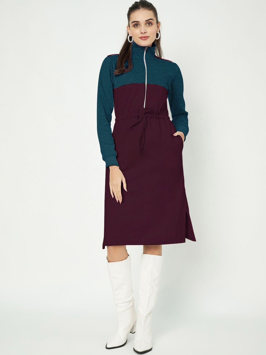 

BRINNS Women Colourblocked A-Line Midi Dress, Burgundy