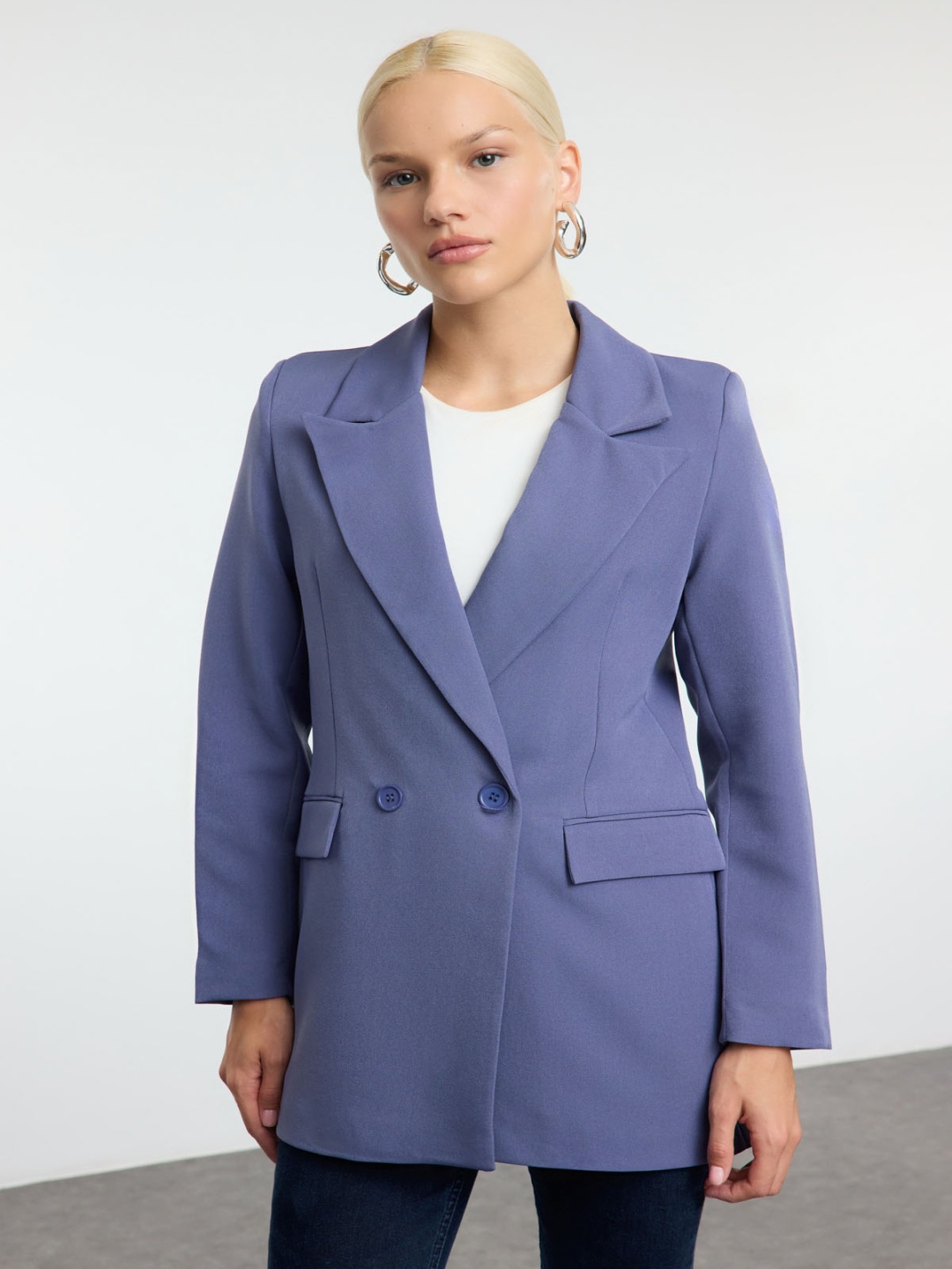 

Trendyol Women Lapel Collar Solid Casual Tailored Jacket, Blue
