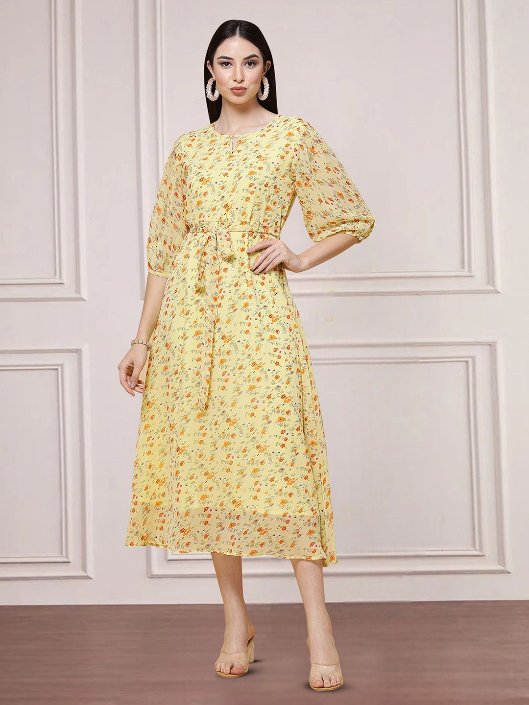 

MISS AYSE Floral Printed Cotton Fit & Flare Midi Dress, Yellow