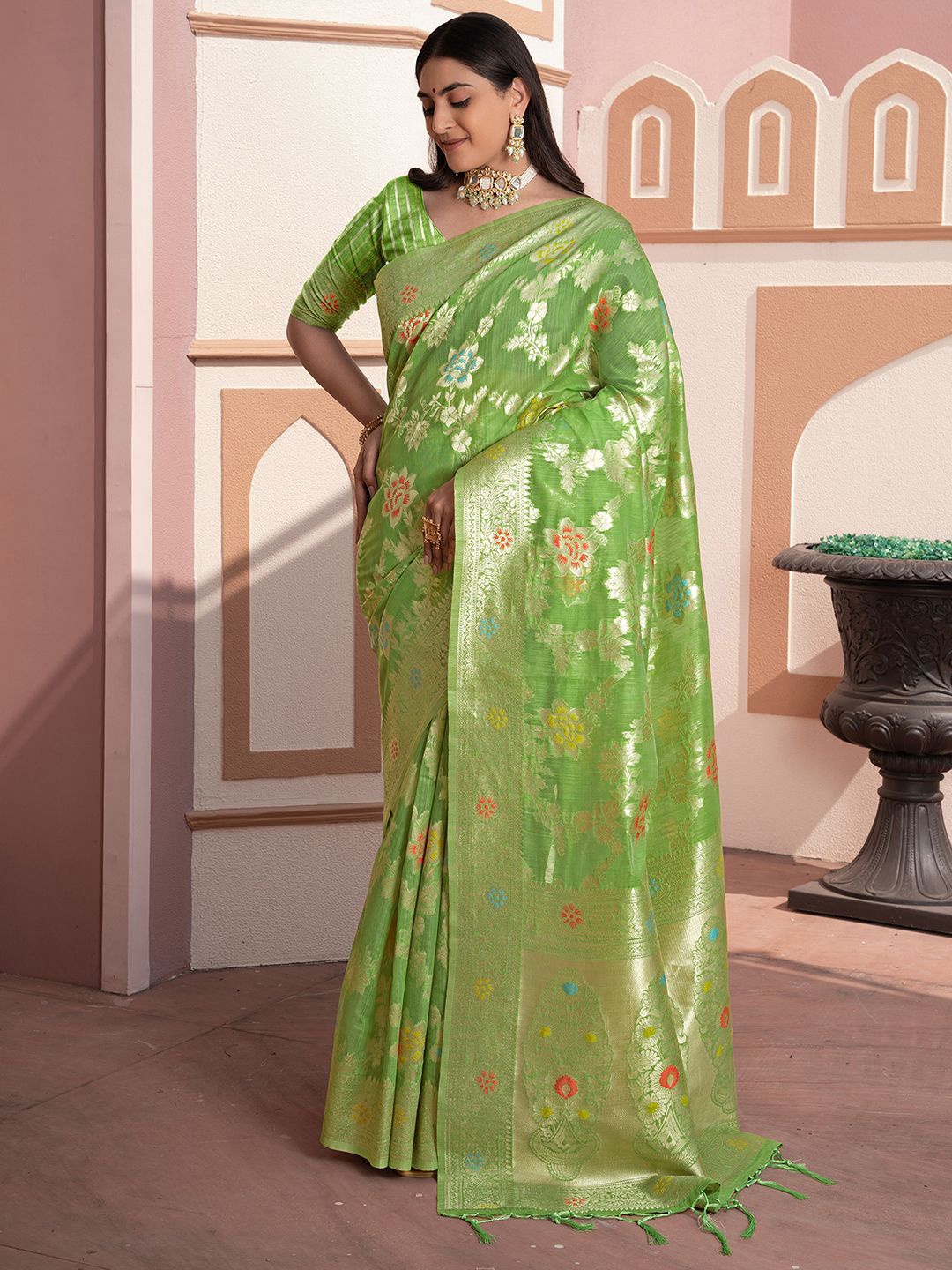 

Satrani Ethnic Motifs Zari Silk Cotton Saree, Green