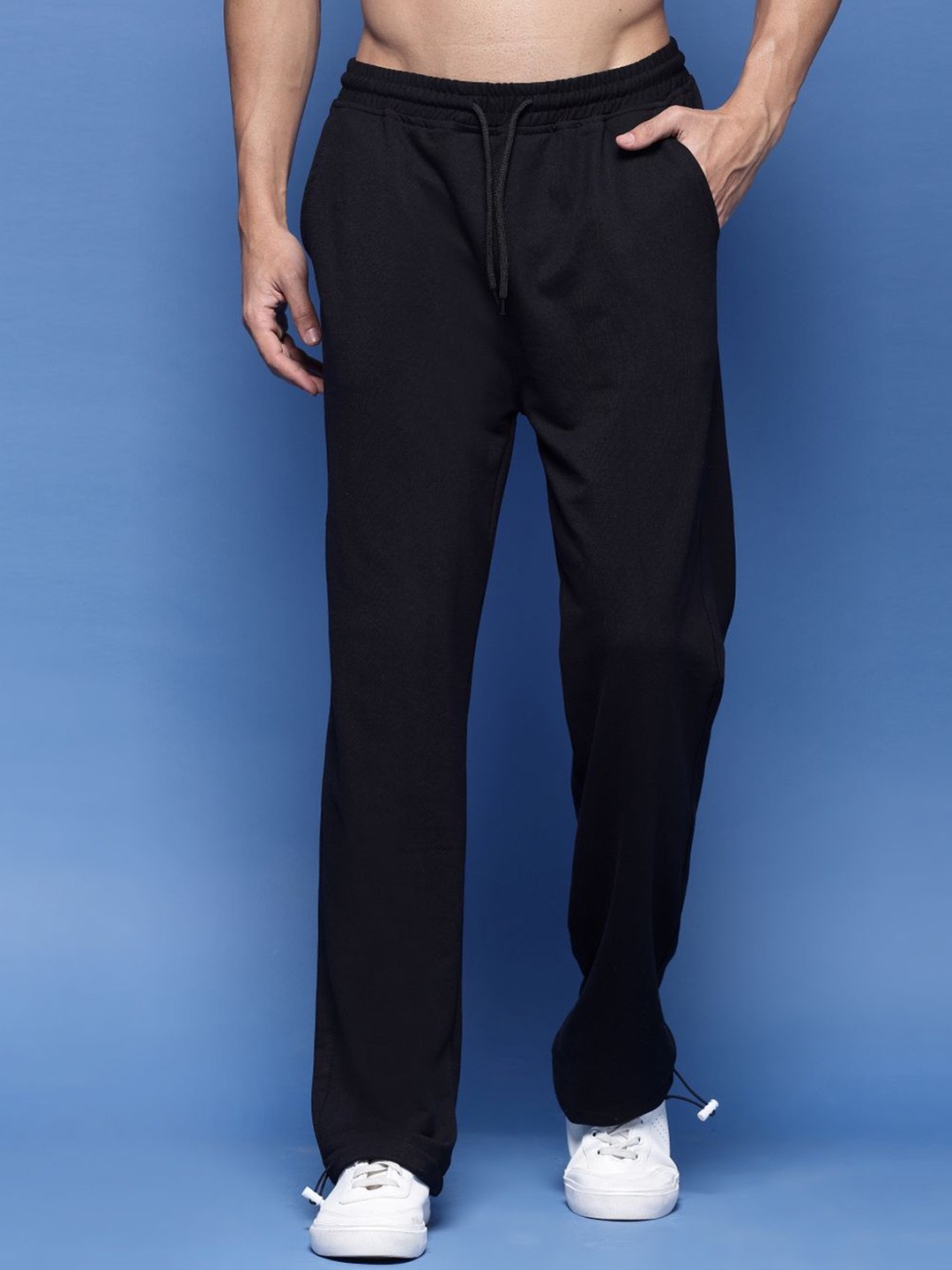 

FLYNOFF Men Cotton Relaxed Loose Fit Easy Wash Joggers Trousers, Black