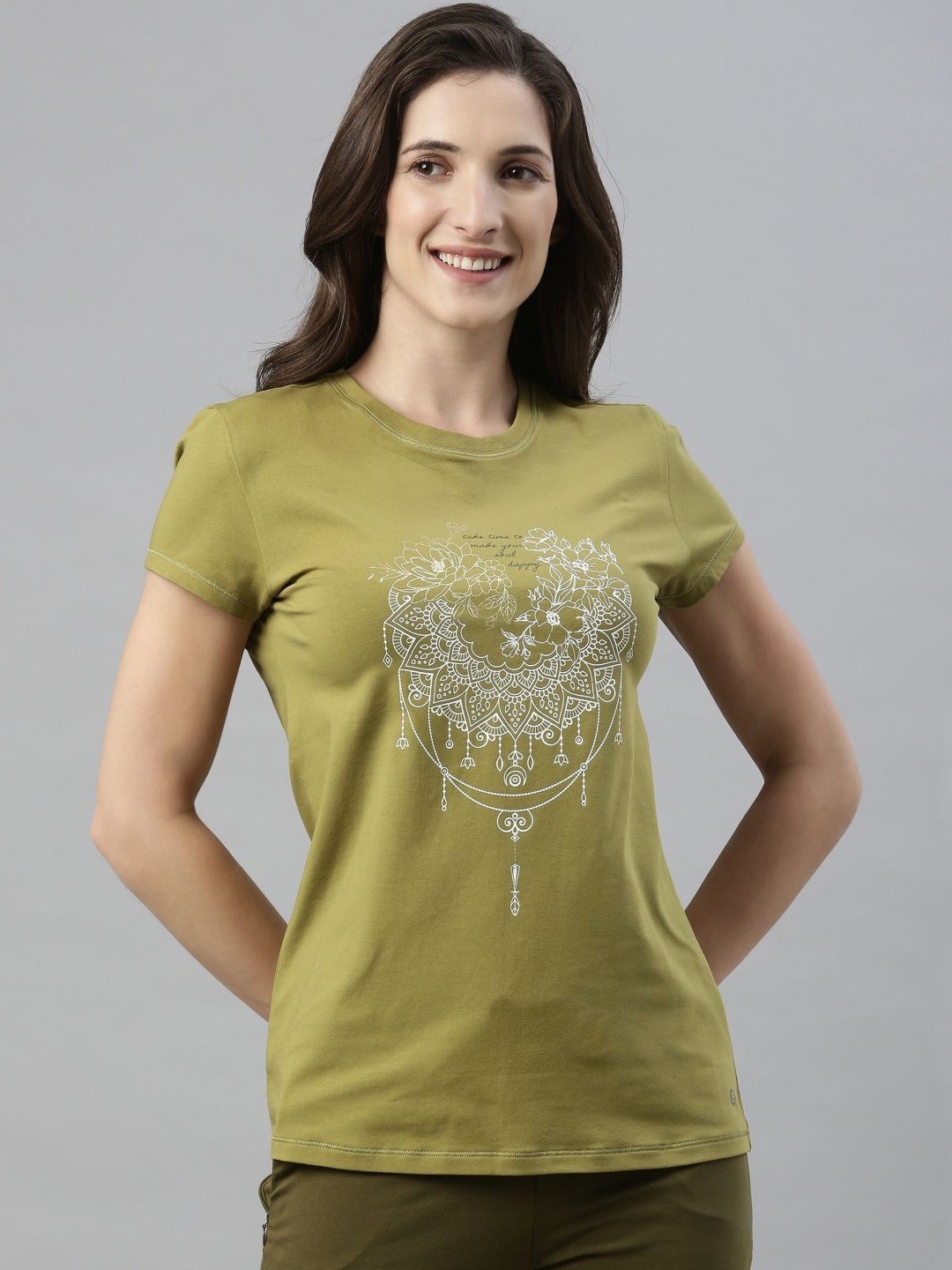 

Enamor Women Floral Printed Round Neck Cotton Slim Fit T-shirt, Green