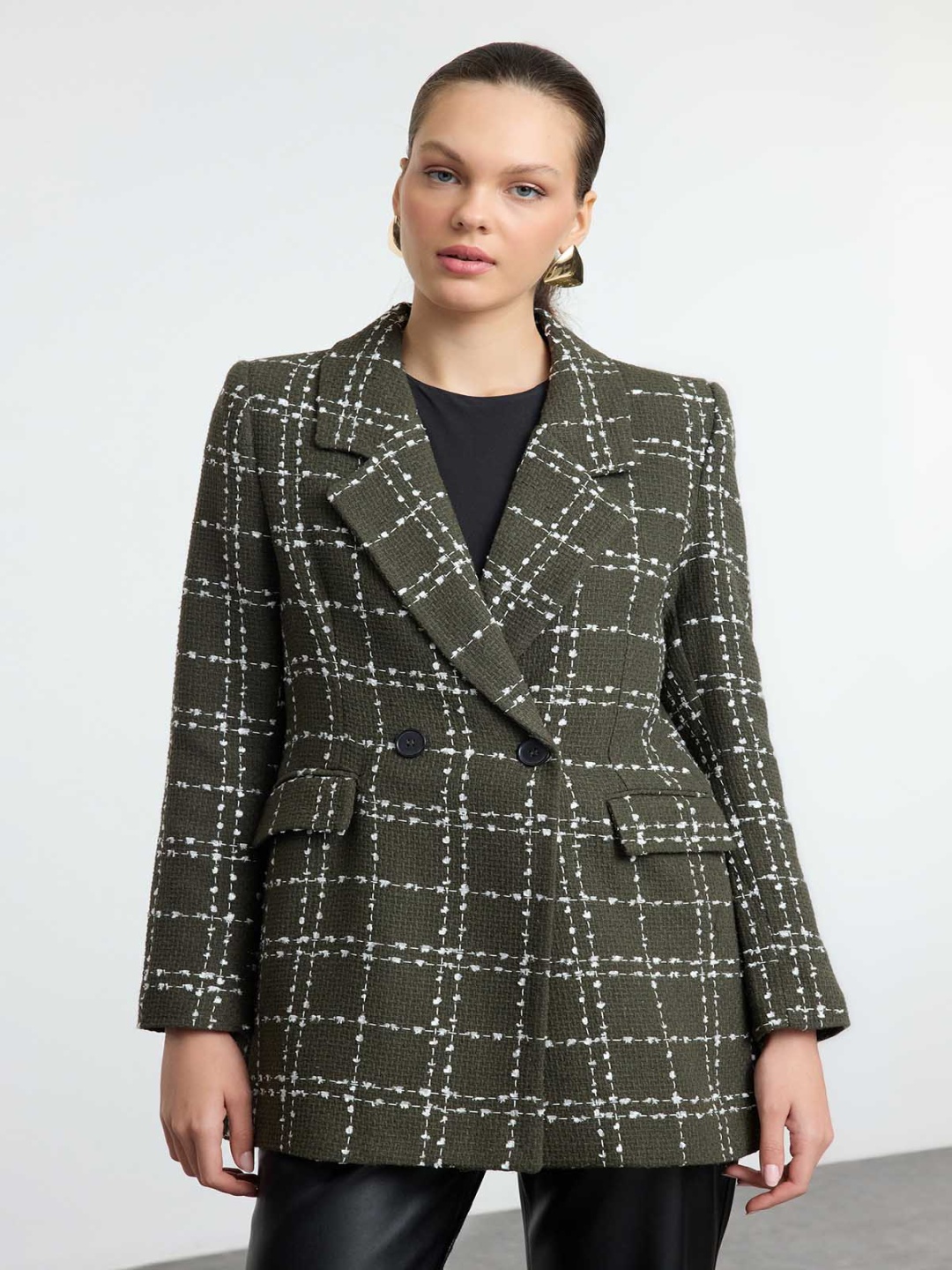 

Trendyol Women Lapel Collar Checked Casual Tailored Jacket, Olive