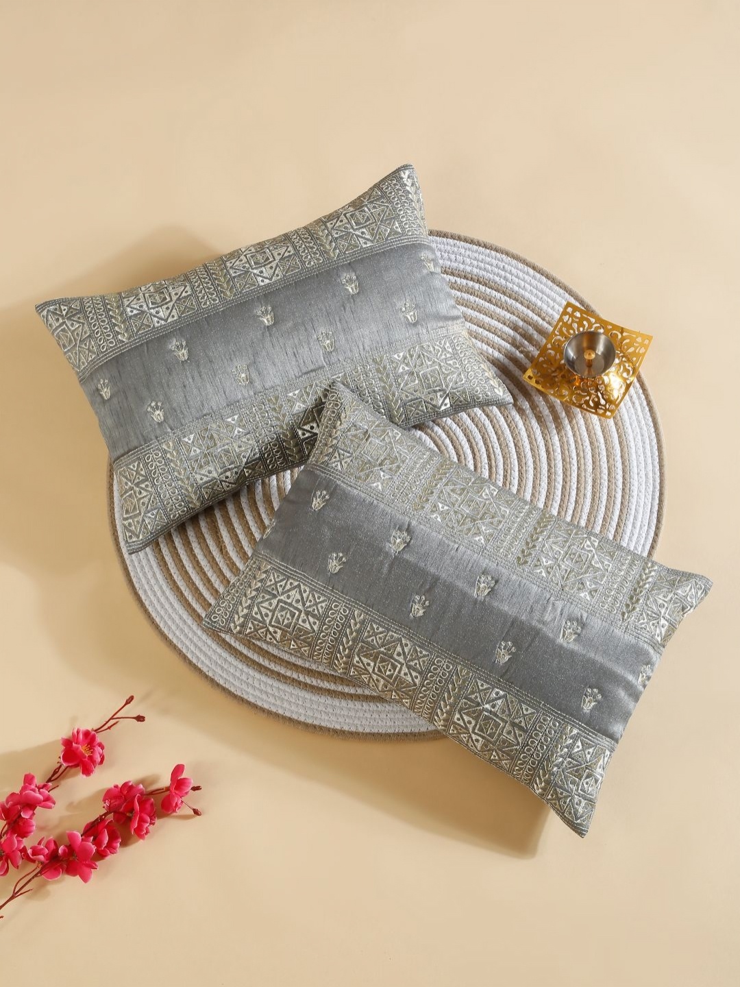 

HOSTA HOMES Grey 2 Pieces Ethnic Motifs Embroidered Silk Rectangle Cushion Covers